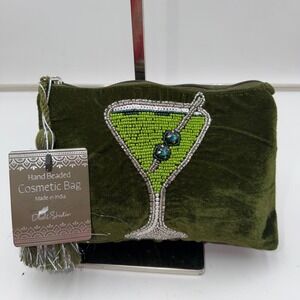 DwellStudio Hand Beaded Martini Velvet Cosmetic Bag Green Olive Makeup Pouch NWT
